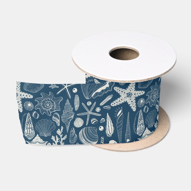 Sea shells on  dark blue satin ribbon (Spool)