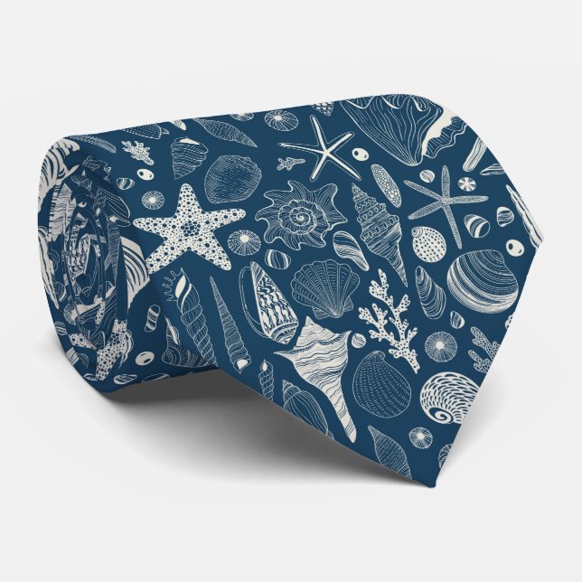 Sea shells on  dark blue tie (Rolled)