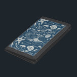 Sea shells on  dark blue trifold wallet<br><div class="desc">Hand-drawn vector pattern with sea shells</div>