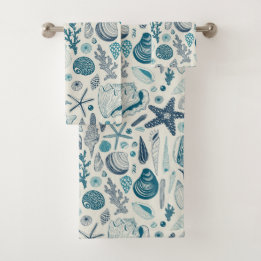Sea shells on off white bath towel set