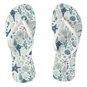 Sea shells on off white flip flops