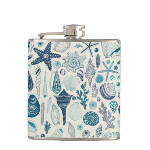 Sea shells on off white hip flask