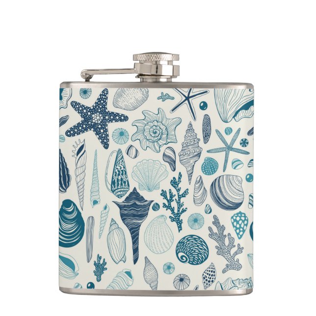 Sea shells on  off white hip flask (Front)