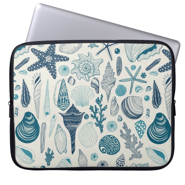 Sea shells on  off white laptop sleeve (Front)