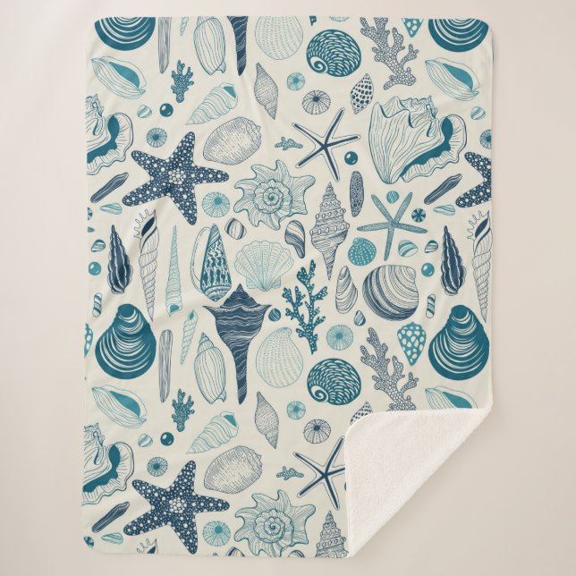 Sea shells on  off white sherpa blanket (Front)