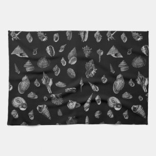 Sea shells pattern silver on black tea towel