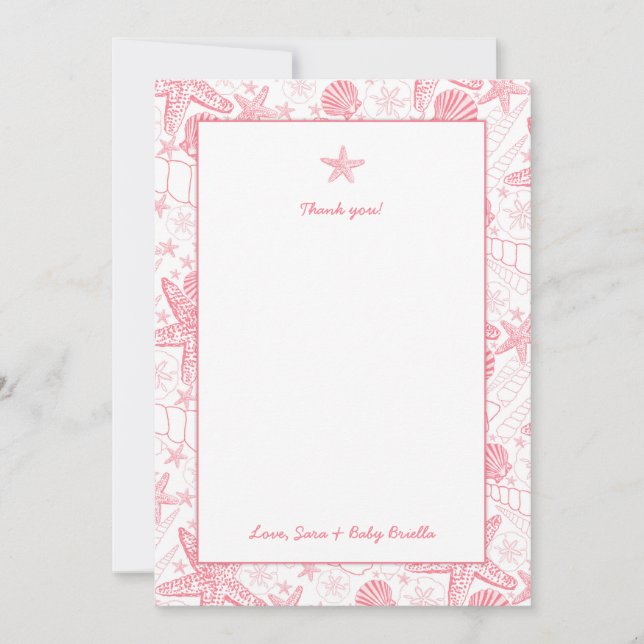 Sea Shells Pink Baby Shower thank you notes (Front)
