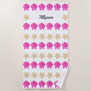 Sea Shells & Starfish, Black Script Name Beach Towel