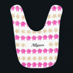 Sea Shells & Starfish, Black Script Name/Monogram Bib<br><div class="desc">Personalise black script name,  monogram or message with pink sea shells and gold starfish on white background.</div>