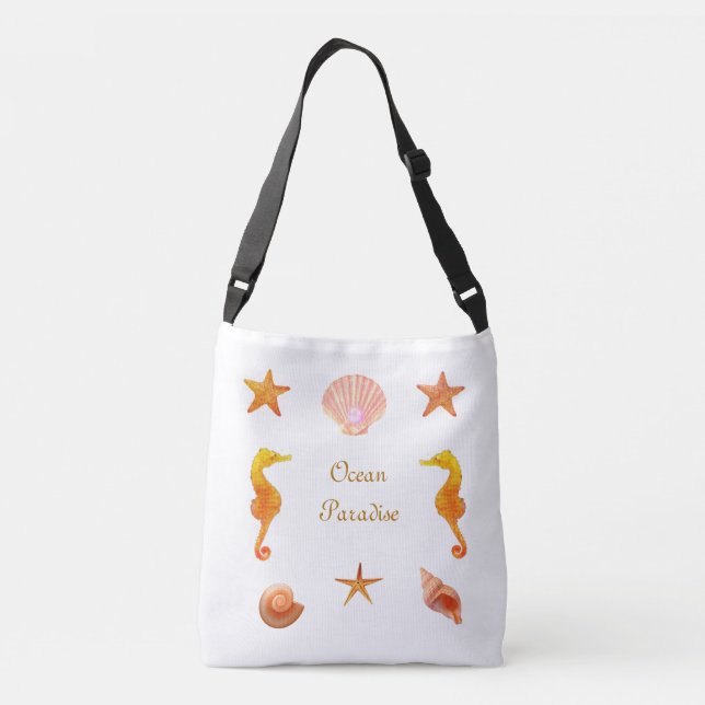 Sea shells, stars calligraphy & seahorses on white crossbody bag (Back)