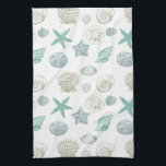 Sea shells tea towel<br><div class="desc">mint,  sand and blue sea shells</div>