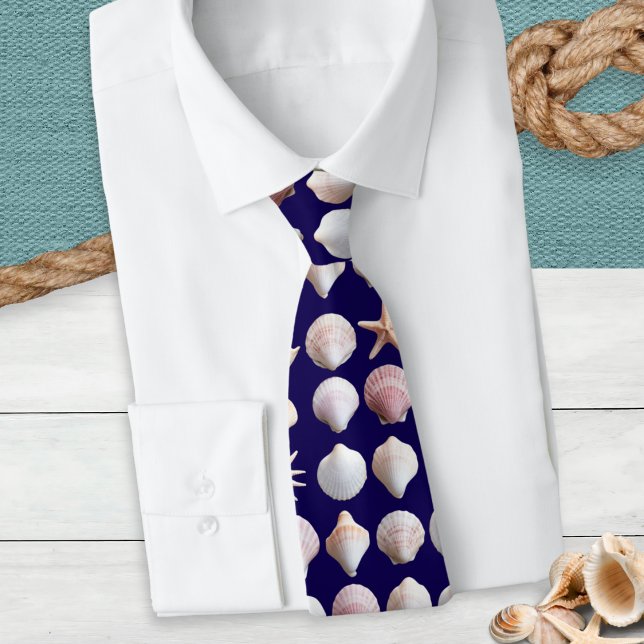 Sea Shells Tie (A tie with seashells pattern on a dark blue background)