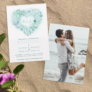 Sea shells watercolor heart beach aqua invitation