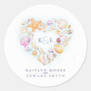 Sea shells watercolor heart beach blue  classic round sticker