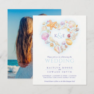 Sea shells watercolor heart beach blue invitation