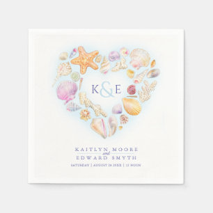 Sea shells watercolor heart beach blue napkin