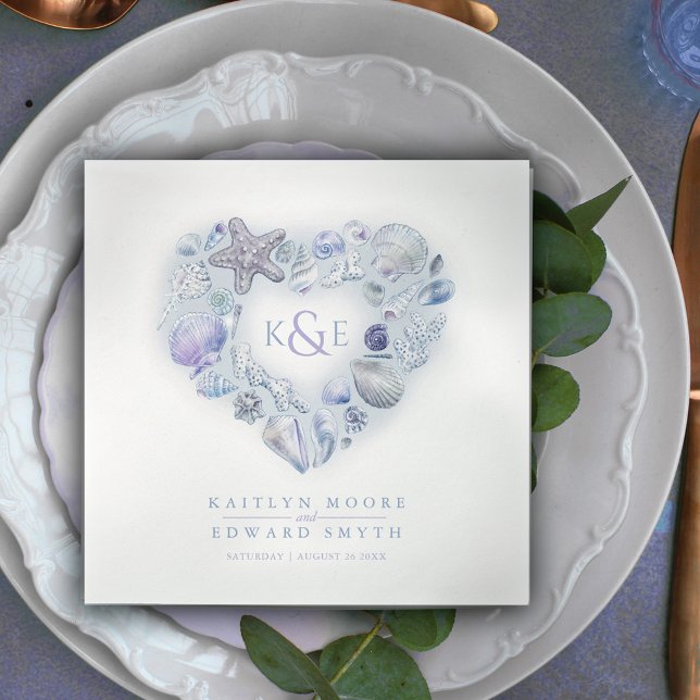 Sea shells watercolor heart beach blue napkin (Creator Uploaded)