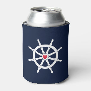 Sea Ship Helm Navy Blue White Red Heart Sailing Can Cooler