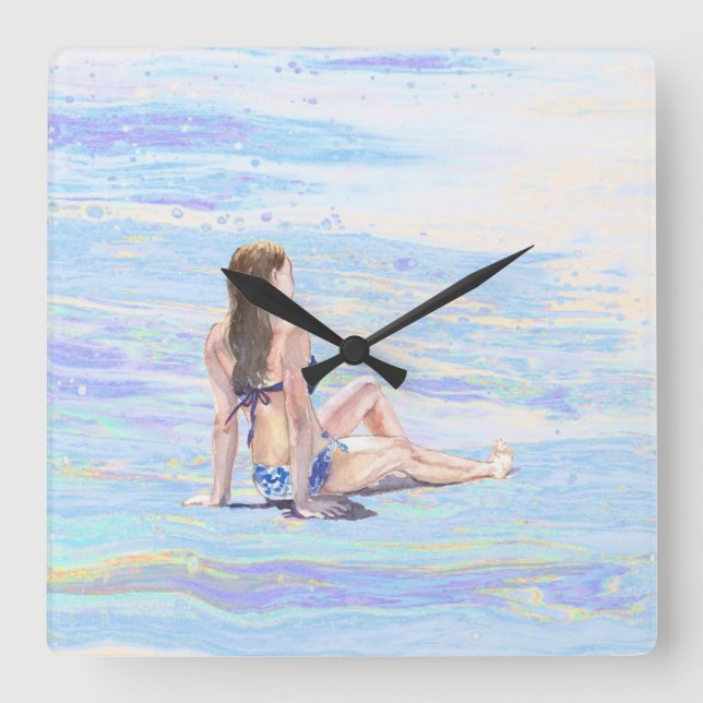 *~* Sea Shore Ocean Woman AR29 Beach Square Wall Clock (Front)