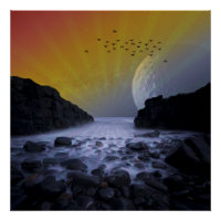 SEA SHORE ROCK COAST VINTAGE MOON SUNSET NATURE