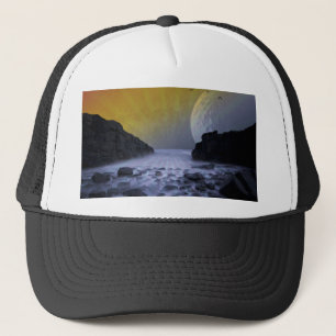 SEA SHORE ROCK COAST VINTAGE MOON SUNSET NATURE TRUCKER HAT
