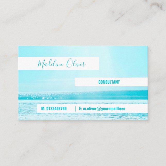Sea Side Ocean  Blue Waves Beach Modern White Business Card (Front)