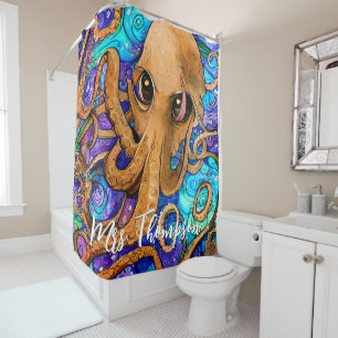 Sea Squid with Personalised Name Shower Curtain