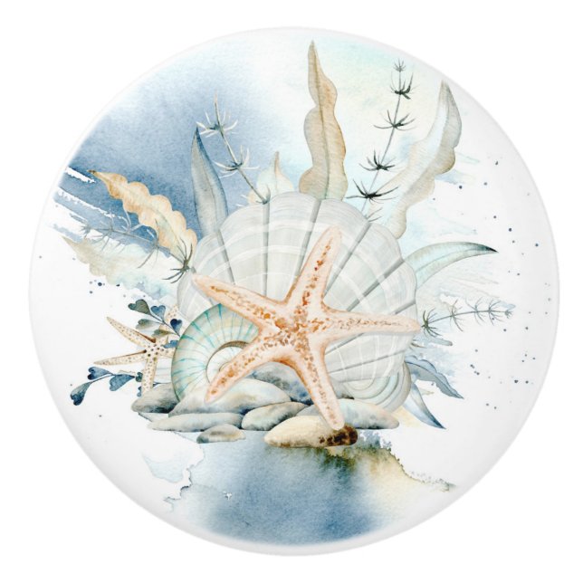 Sea Star And Shell Watercolor Coastal Ceramic Knob (Front)