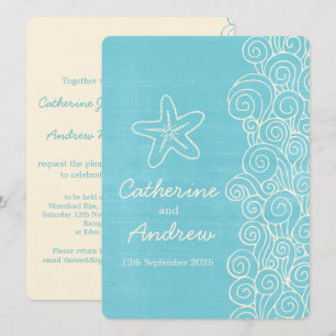 Sea star swirl blue cream beach wedding invitation