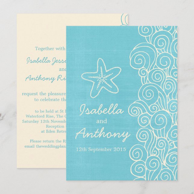 Sea star & swirls blue & cream wedding invitation (Front/Back)