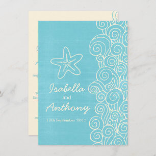 Sea star & swirls blue & cream wedding invitation