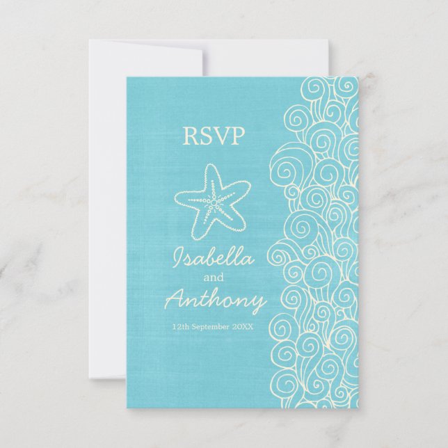 Sea star & swirls blue & cream wedding RSVP (Front)