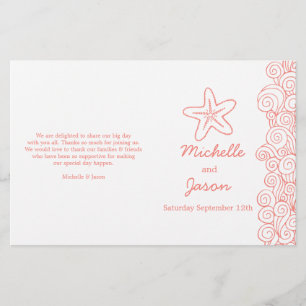 Sea star & swirls coral white wedding programs