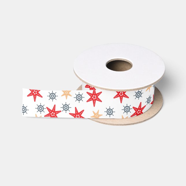 Sea stars and steer wheels pattern satin ribbon (Spool)