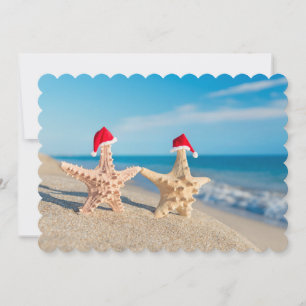 Sea-Stars Couple In Santa Hats Walking At Beach Holiday Card