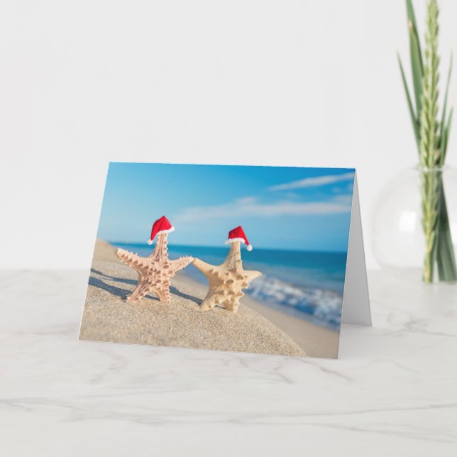 Sea-Stars Couple In Santa Hats Walking At Beach Holiday Card (Front)