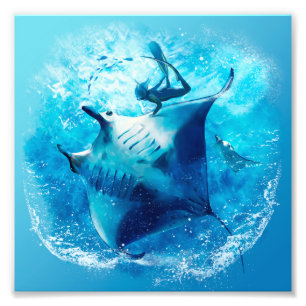 Sea stingray and diver photo print