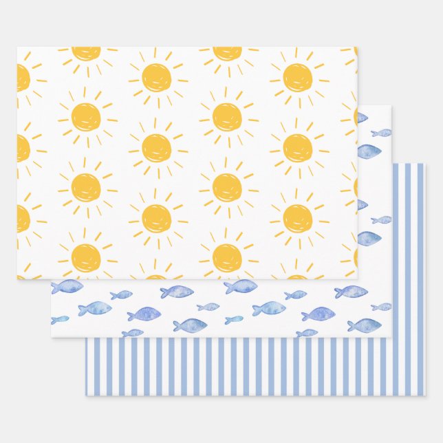 Sea sun blue fish stripes  wrapping paper sheet (Set)