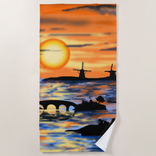Sea Sunset Beach Towel Netherland Windmill