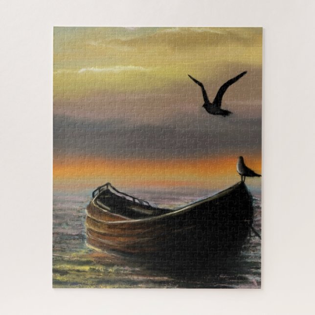 Sea Sunset Boat and Seagull Puzzle Gift (Vertical)
