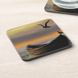 Sea Sunset Boat Seagull Flying Beverage Coaster