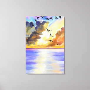 Sea Sunset Flying Birds Canvas Print - Painting
