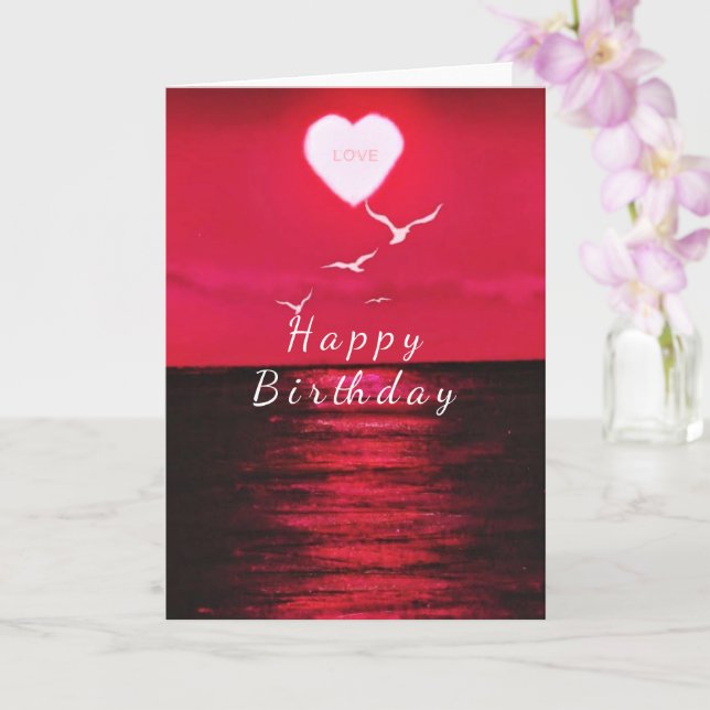 Sea Sunset Heart Text Love Birthday Card (Orchid)