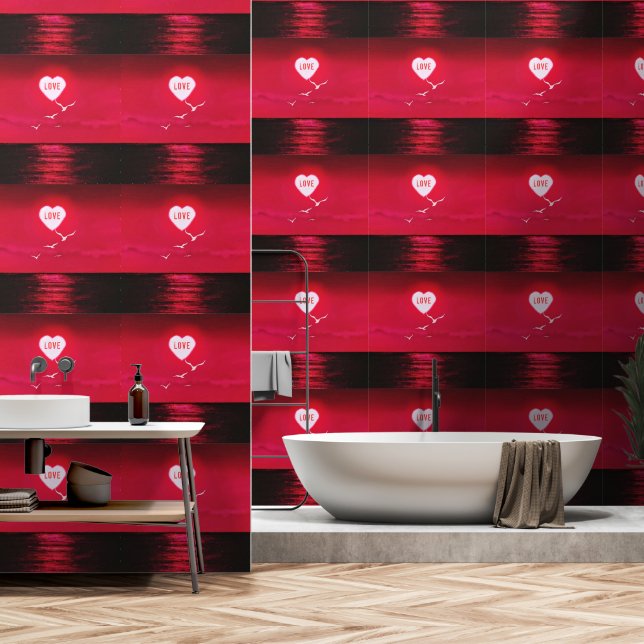 Sea Sunset Love Heart Sun Romantic Red Wallpaper (Bathroom)