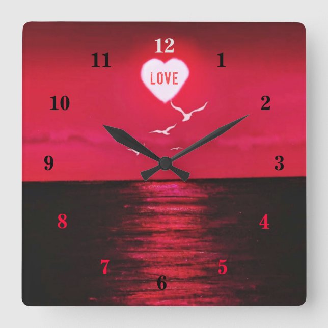Sea Sunset Love Romantic Wall Clock - Black Red (Front)
