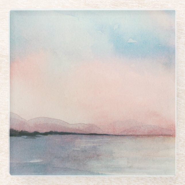 Sea Sunset Triptych - Pastel Watercolors Glass Coaster (Front)