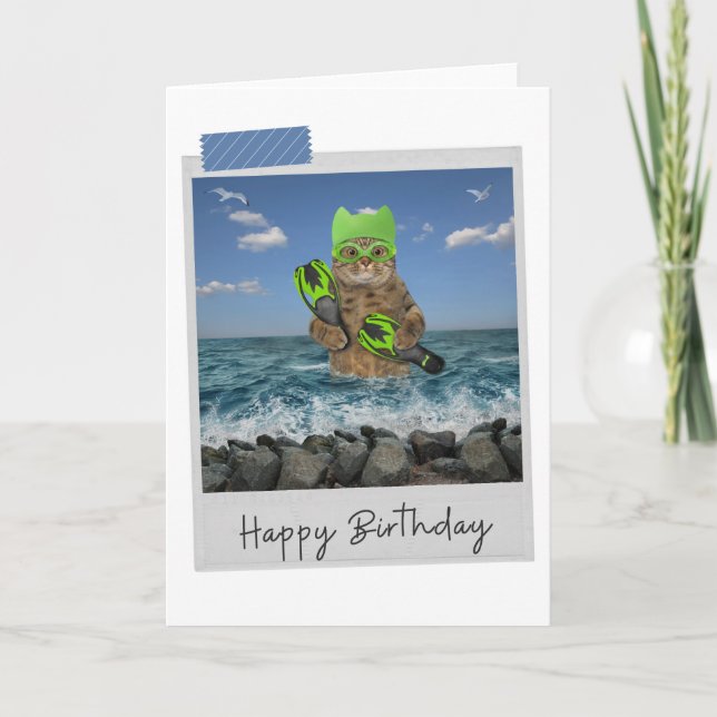 Sea Swimmer Cat Funny Birthday Card (Front)