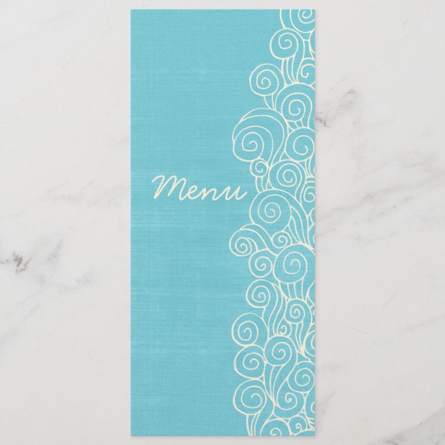 Sea swirls blue & cream wedding dinner menu (Front)