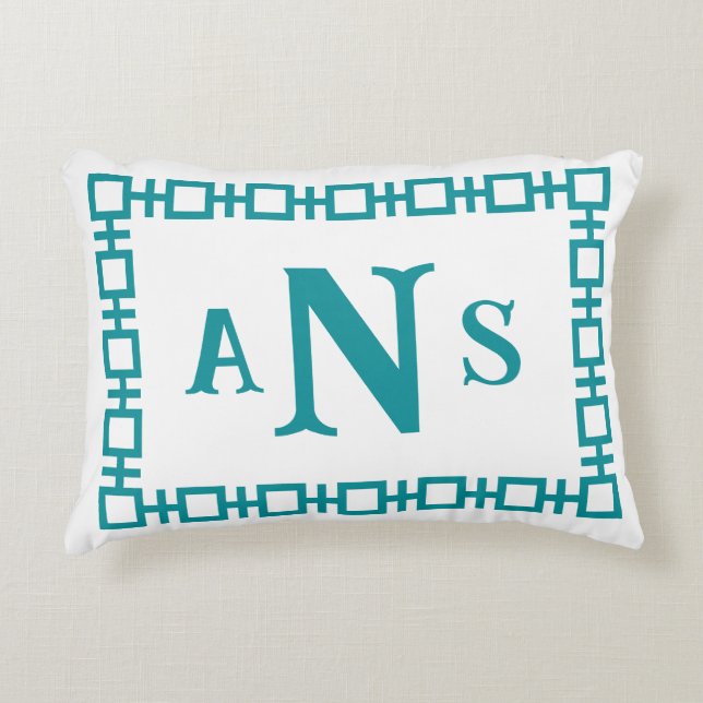 Sea Teal Square Greek Key Monogram Decorative Cushion (Front)