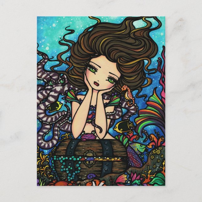 Sea Treasure Chest Mermaid Fairy Fantasy Art Girl Postcard (Front)